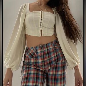 Urban Outfitters Ivory Corset Crop Top — Balloon Sleeves, XS, EUC